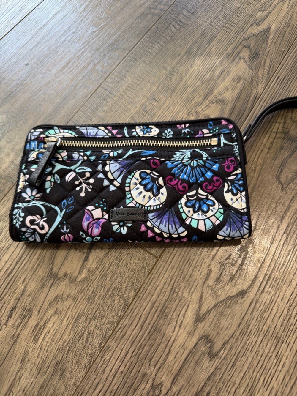 Vera Bradley Black Quilted Floral Wristlet with Purple & Blue Accents